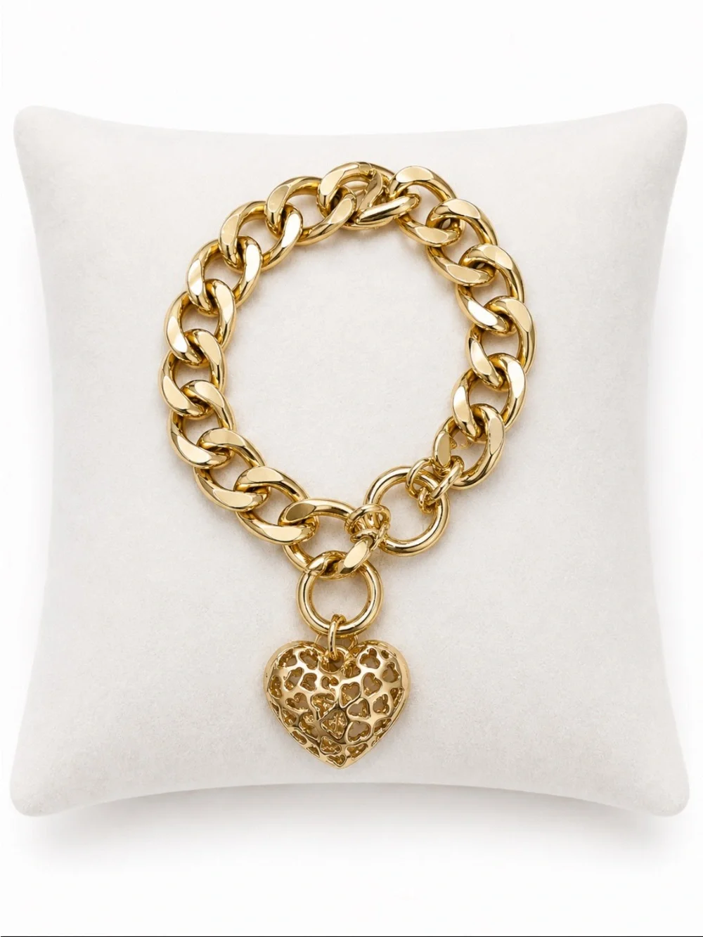Gold-Tone Chunky Curb Chain Crystal Pavé Heart Charm Toggle Bracelet